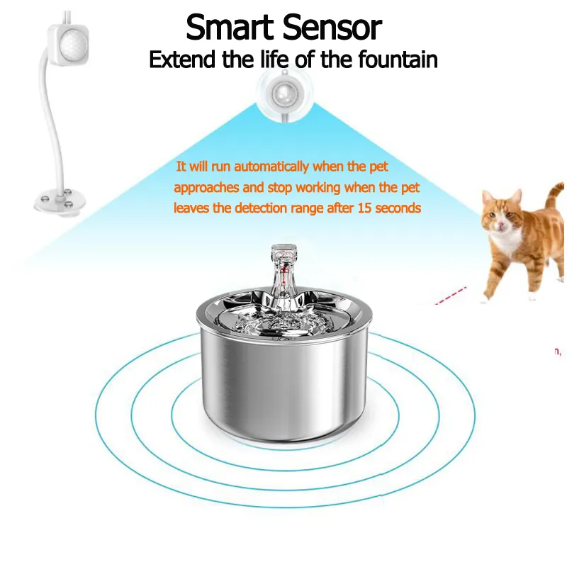 Edelstahl Automatische Katzenfontain 2L Fließes Wasser trinken für Katzenhund 4Layer Filter Smart Pettrinker Sensor 224148674