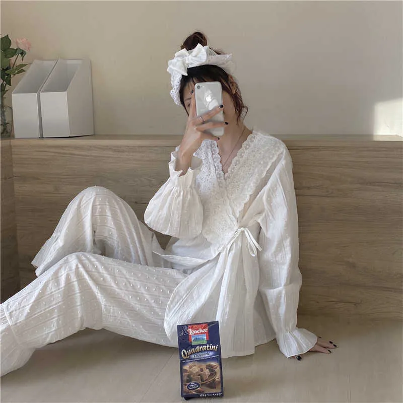 White Princess Sweet Chic Girls Stylish Sleepwear Sale Set di pigiami in cotone abbigliamento da casa di alta qualità 210525