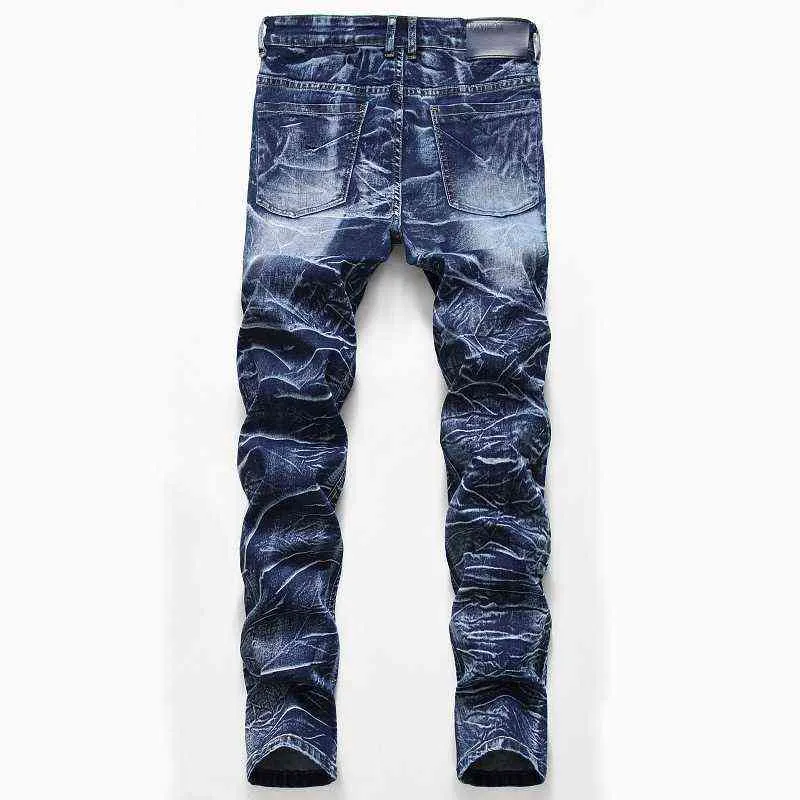 Sneeuw gewassen patchwork heren rechte elastische jeans plus size vintage patch slanke denim jeans lange witte katoen mannen jean broek 211120