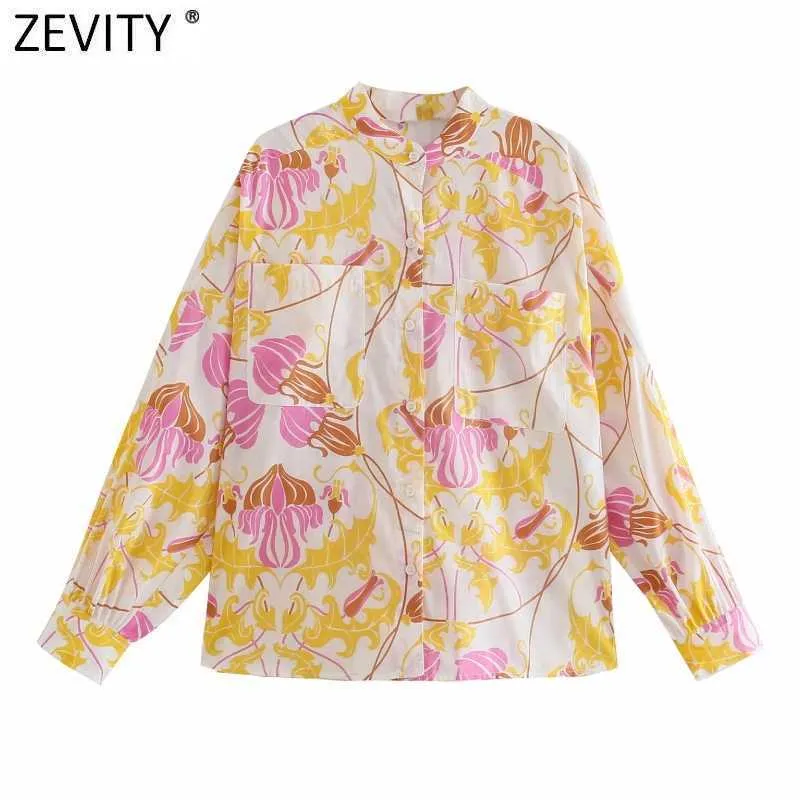 Zevity Femmes Mode Col Montant Totem Imprimé Floral Blouse Femme Manches Longues Chic Kimono Chemise Poches Blusas Tops LS9395 210603