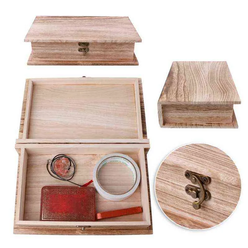 Wooden Hinged Lockable Box Book Shape Jewellery Storage Case Home Crafts Sundries Organizer Gift 211102