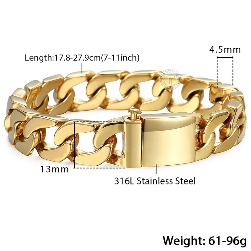 Trendsmax Bracelets HIP HOP Gold Cuban Link Chaîne 316L Bracelet en acier inoxydable pour les bijoux mâles Drop 13mm KHB293