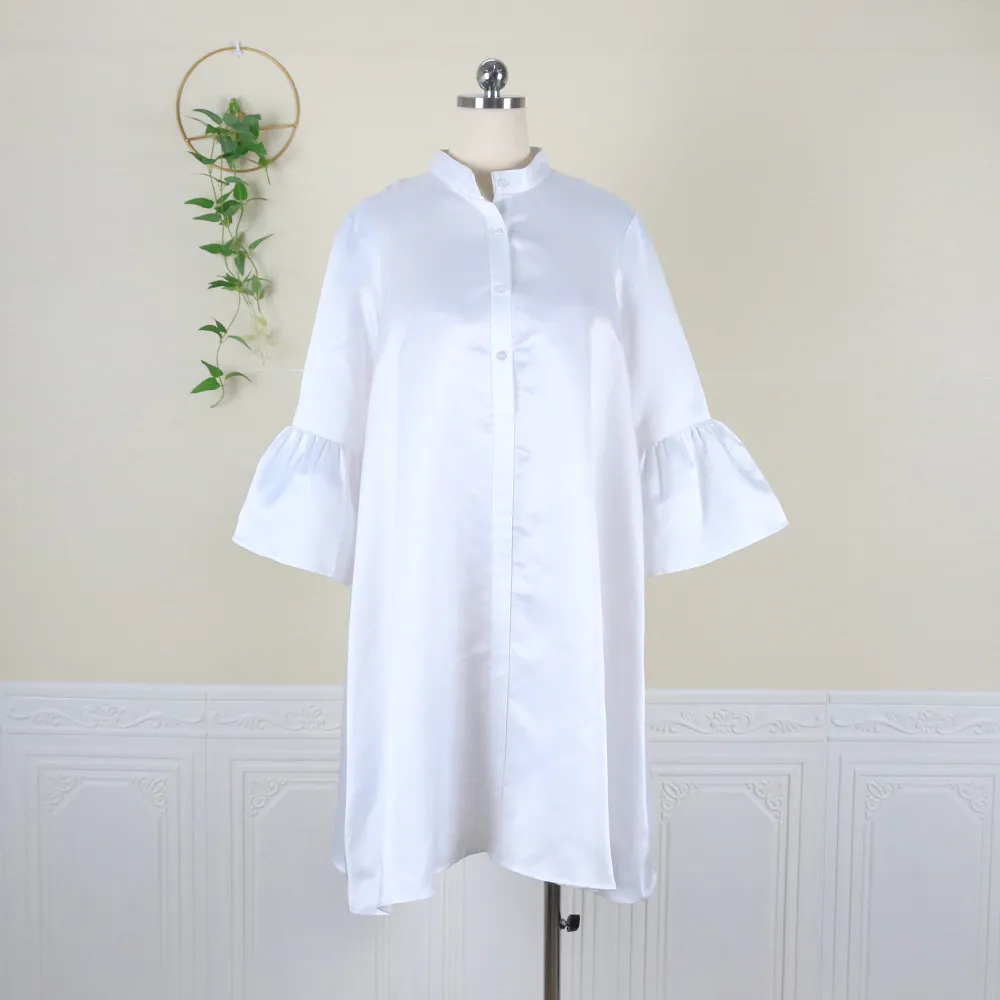 Vestidos sueltos de mujeres Soporte Collar de tres cuartos de mangas blancas blancas de gran tamaño Damas con túnicas de otoño con túnicas de otoño de verano para la dama 2021
