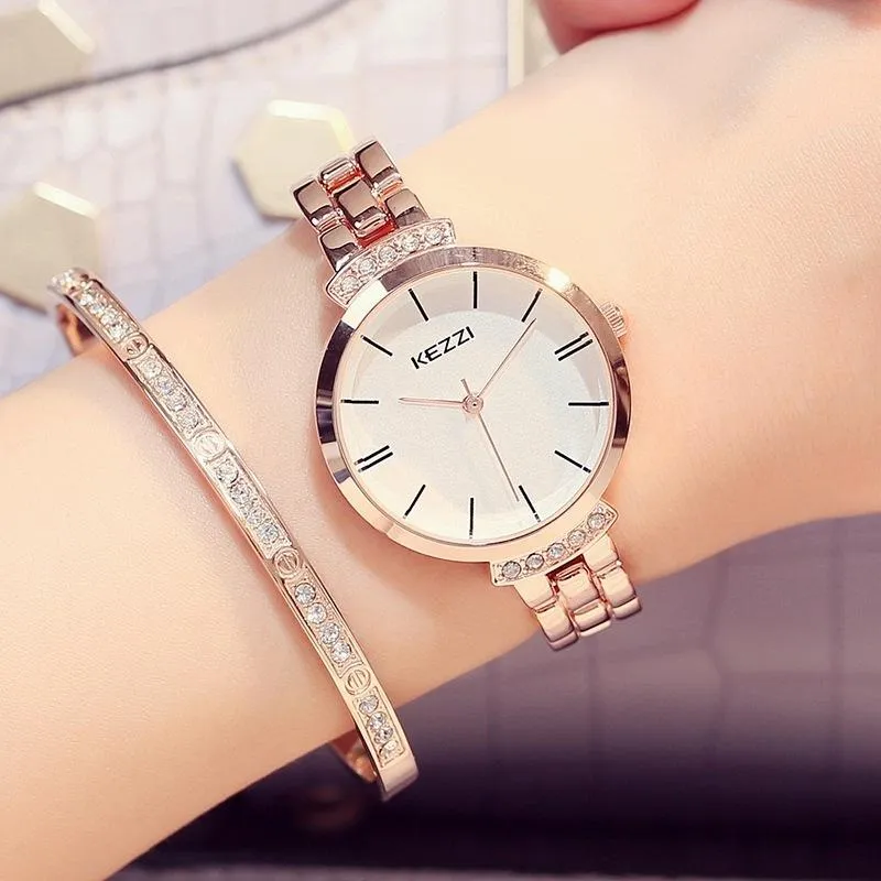 Kezzi Edelstahl Frauen Uhren einfache wasserdichte Quarz -Armbanduhren Damen Kleider Uhr Horloge257u