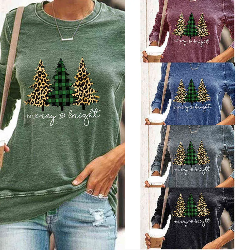 Lässiger Weihnachtsbaum-Druck Kawaii Hoodie Sweatshirt Herbst Damen Kleidung Übergroßer Rundhalsausschnitt 211115
