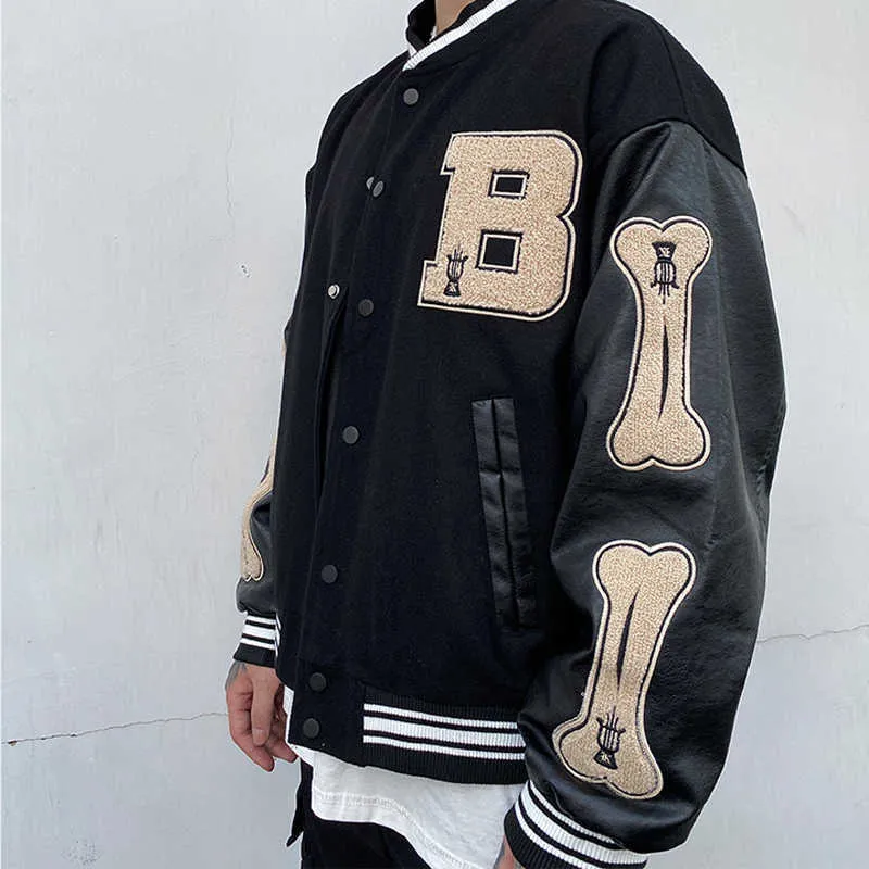 Giacche da uomo Bone Letter Patchwork Harajuku Stile coreano High Street Primavera Autunno Cappotti da baseball Giacca bomber monopetto 211008