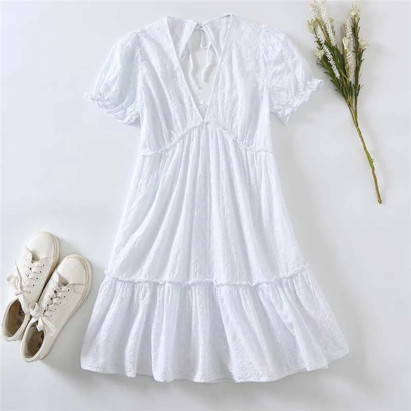 ZA femmes ajouré brodé robe d'été manches courtes bouffantes ourlet à volants blanc Mini robes Chic broderie dos nu robe 210602