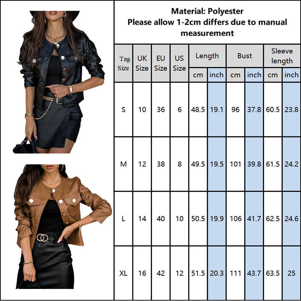 Women PU Leather Jackets Spring Autumn Faux Coats Ladies Motor Biker Button Slim Basic Black Short D30 211014