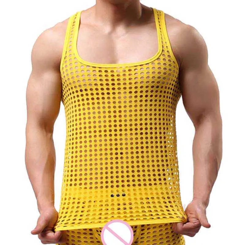 Hommes débardeurs maille transparent résille musculation gilet mode Sexy col rond sans manches maillot de corps t-shirts 210623