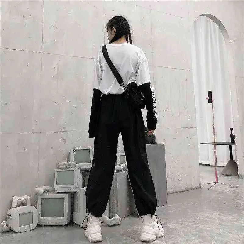 HOUZHOU Techwear femmes Cargo pantalon Hippie Streetwear noir Jogging pantalon large pour femme mode coréenne Hip Hop 211124