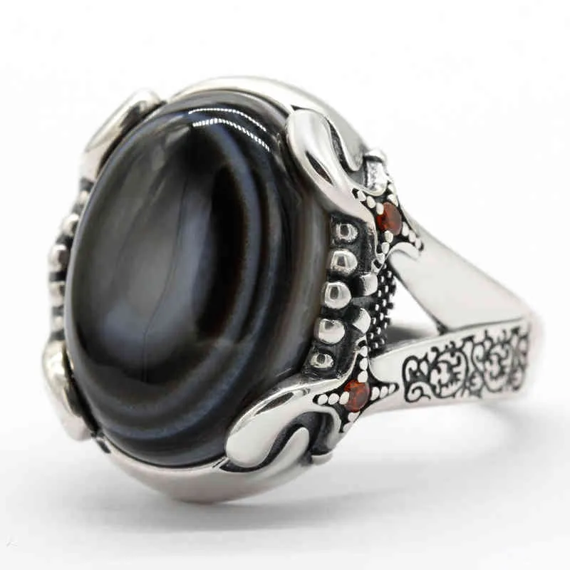 Solid 925 Silver Evil Eye Natural Agate Stone Lycklig Goat Signet för Kvinnor Män Lyxig Vintage Party Ring Onyx