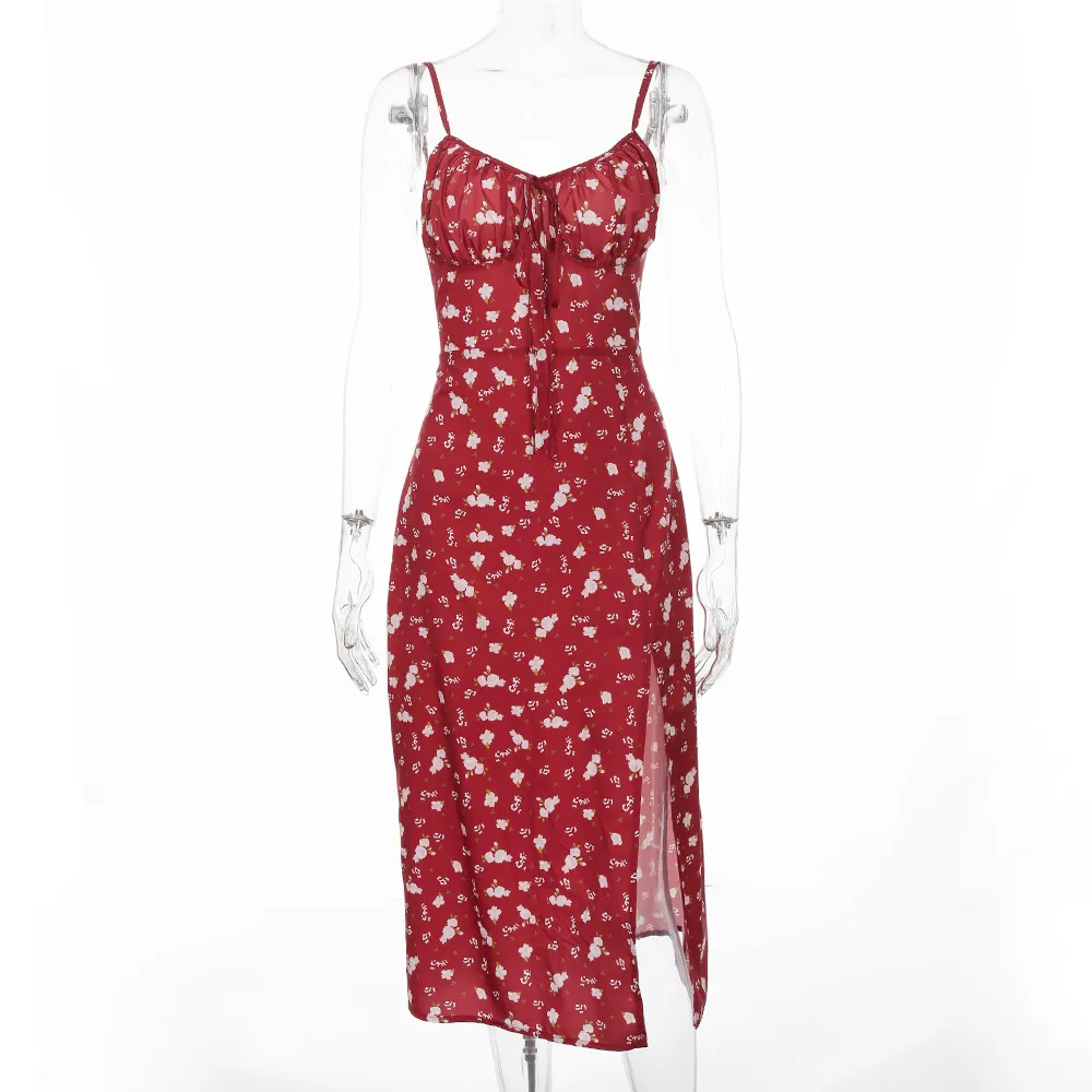 Летние без рукавов Винтажное цветочное платье Женщины повседневная кружева переднее печать платье женские элегантные длинные Midi Party Vestidos Side Slit 210415