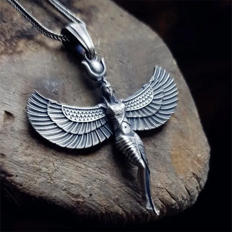 Isis Pendant Necklace 316L Stainless Steel Silver Women Egyptian Winged Goddess Jewelry Gifts209R