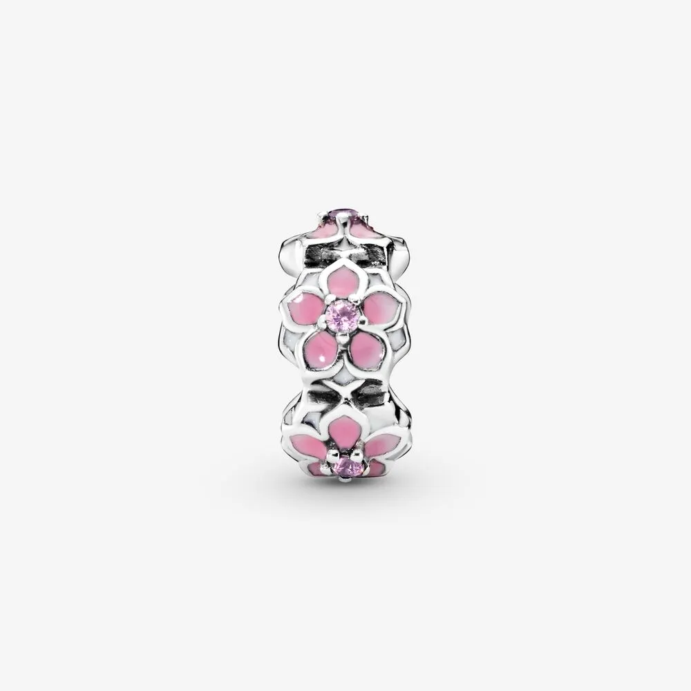 New Arrival 100% 925 Sterling Silver Pink Magnolia Spacer Charm Fit Original European Charm Bracelet Fashion Jewelry Accessories266F