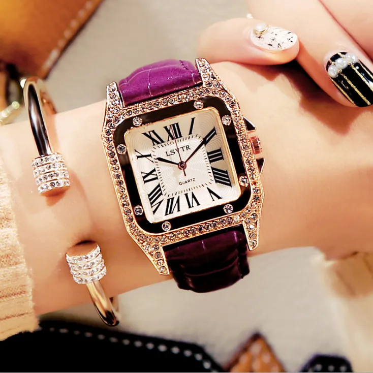 Beautiful Vintage Female Watch Rhinestone Fashion Student Quartz Watches Real Leather Belt Square Diamond Inset Womens Wristwatche250Z