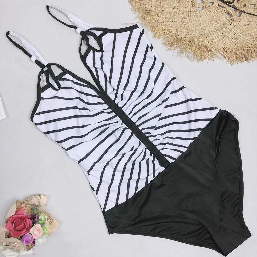 Black Striped Patchwork Sexy V-neck Backless String Swimsuits Summer Hollow Out Push Up Brazilian Baithing Suit Bikini 210604