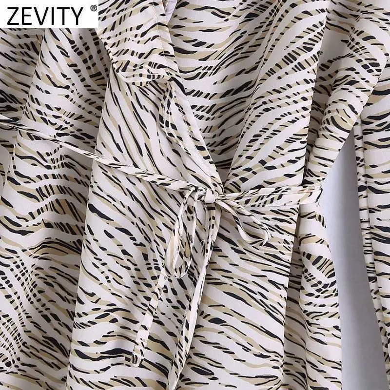Zevity Women Cross V Neck Leopard Print Lace Up Kimono Mini Dress Prairie Chic Long Sleeve Vestido Ruffles Dress DS4917 210603