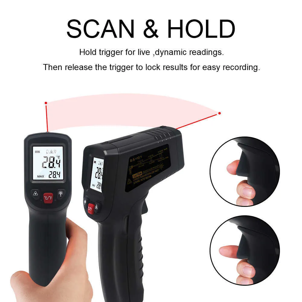 Non-contact Pyrometer Digital Industrial Food Infrared Thermometer Laser Temperature Meter Gun LCD Display Emissivity Adjustable 210719