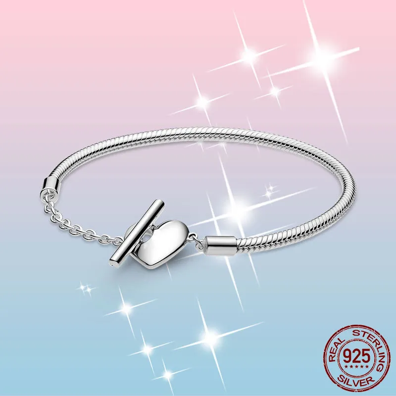 Femme Bracelet 925 Sterling Silver Moments Coeur T-Bar Serpent Chaîne Bracelet pour Femmes Fine Jewelry Gift Pulseira