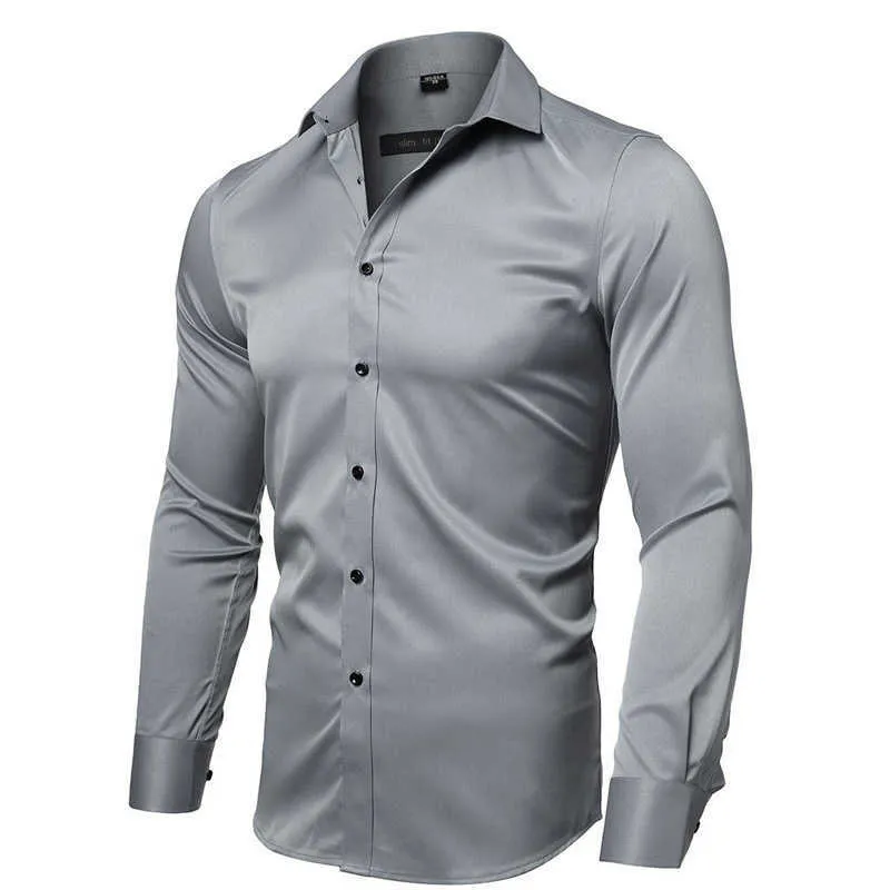 Camicia grigia elastica in fibra di bambù da uomo di marca a maniche lunghe Camicie eleganti da uomo Non stirare Easy Care Business Work Chemise Homme XXL 210809