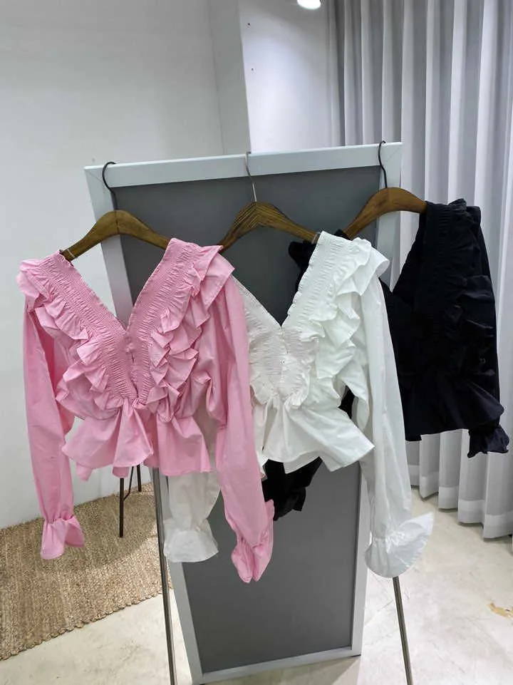 Korean Chic Fashion Fungus Pink V Neck Flare Sleeve Blouse Women Retro Doll Ruffles Slim High Waist Shirts Blusas De Mujer 210610