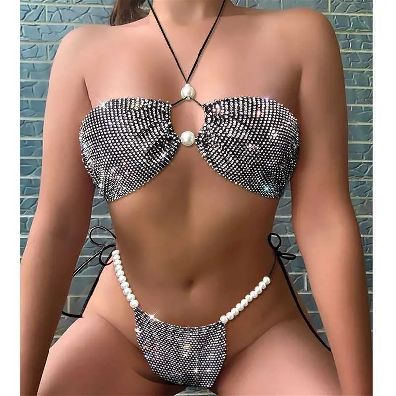 Vente D'été Sexy Bikini Ensemble Femmes Halter Diamant Split Maillot De Bain Deux Pièces Push Up Bandeau String Brésilien Biquini Maillots De Bain 210611