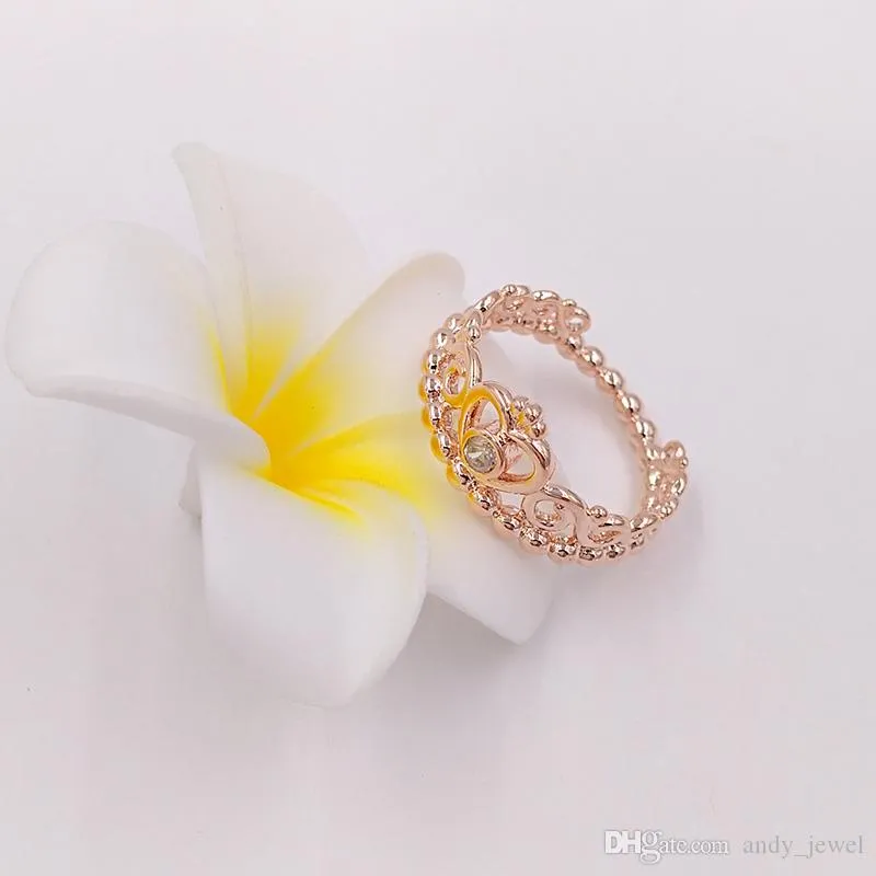 Rose Gold Plated & 925 Sterling Silver Ring My Princess Tiara European Pandora Style Jewelry Charm Crown Ring Gift 180880CZ