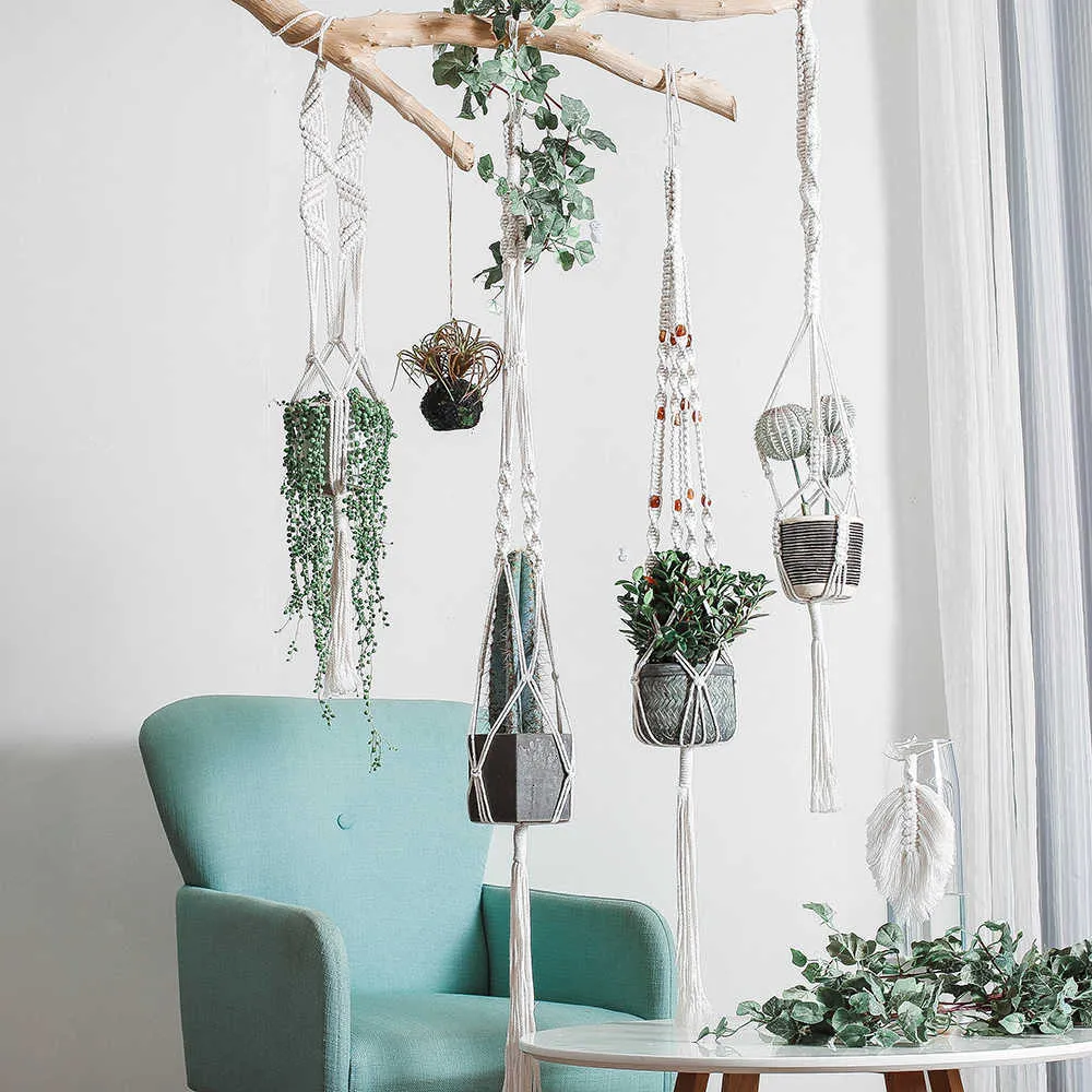 macrame muur opknoping planter hangers air plant hanger houder balkon decoratie muur planter pot geweven mand bohemian makrama 210203h