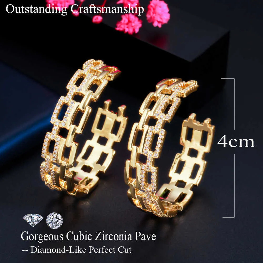 Trendy Cubic Zirconia Paved Yellow Gold Color Cuban Link Shape Round Big Hoop Earring for Women Hip Hop Jewelry CZ848 210714