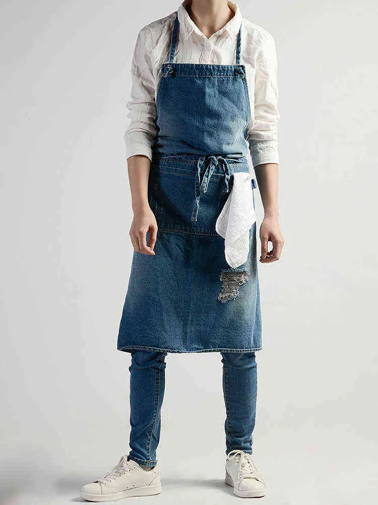 Professionelle koreanische einstellbare 100% Baumwoll-Denim-Schürze Küche S für Frau Erwachsene Backen Smock Chef Cafe Unisex Jeans 211222