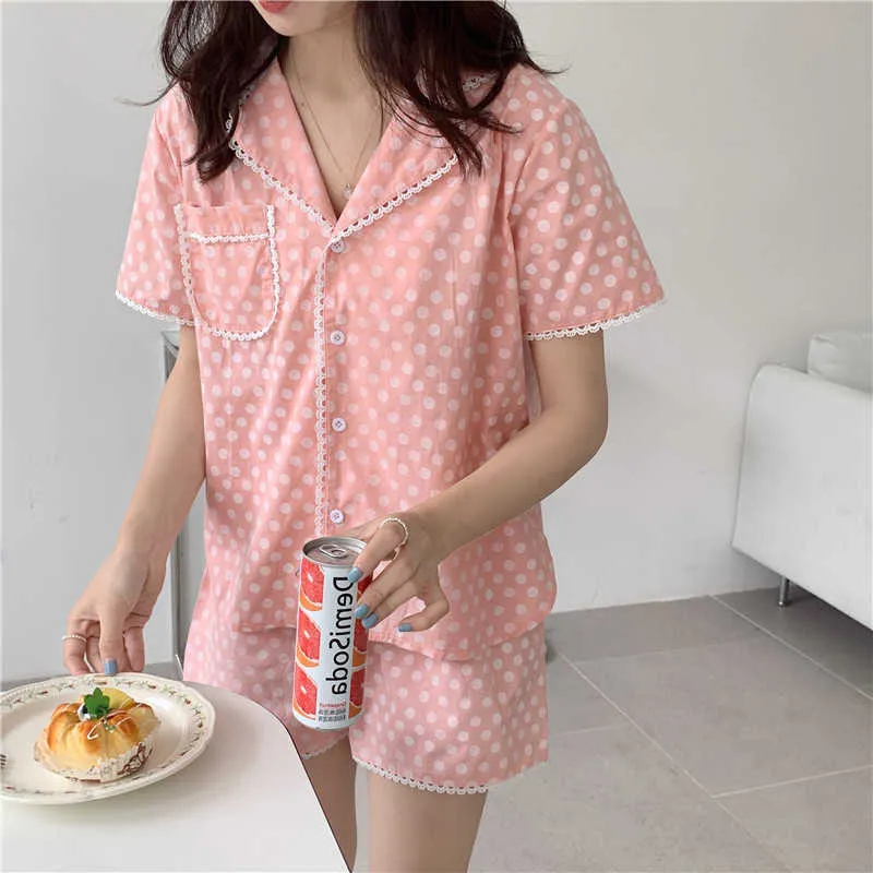 Maniche corte larghe Femme Polka Dots Home Chic Summer Soft Sleepwear Girls Set Pigiama di cotone Abiti a due pezzi 210525
