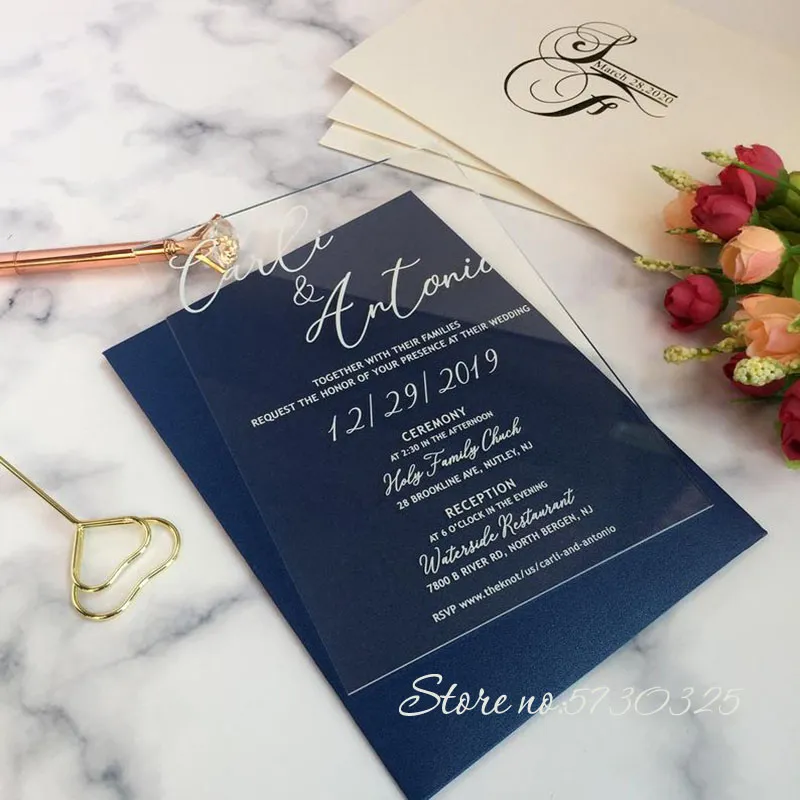 結婚式のアクリルの招待状ピンクの花のバラの結婚式の招待カスタムアクリル結婚式の招待状カート招待状マリアージボックスカード6434853