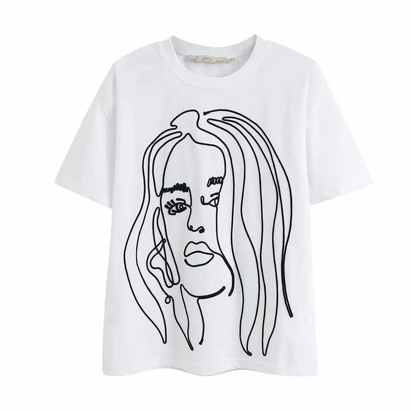 Za Embroidered T-shirt Women Summer O-neck Short Sleeve Tshirt Female Cotton Tops Front Cartoon Pattern White T-shirts 210602