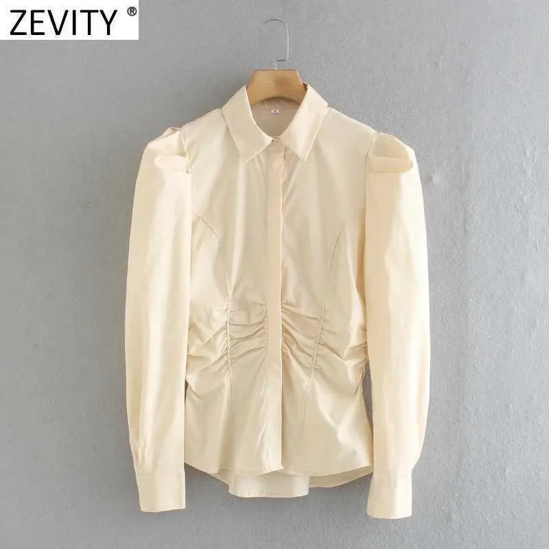 Zevity Women Fashion Peats Puff Sleeve Casual Slim Smock Chic Blus Lady Waist Press Pleat Blusas Femininas T Shirts Tops LS7237 210603