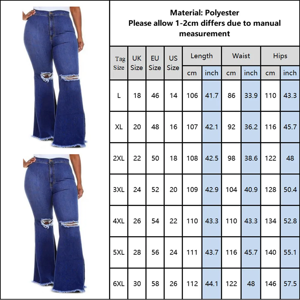Chic Lady Hole Flare Pants Sexy High Waist Bell-Bottom Denim Jeans Large Size Solid Vintage Stretch Slim Wide Leg Trousers 6XL 210222