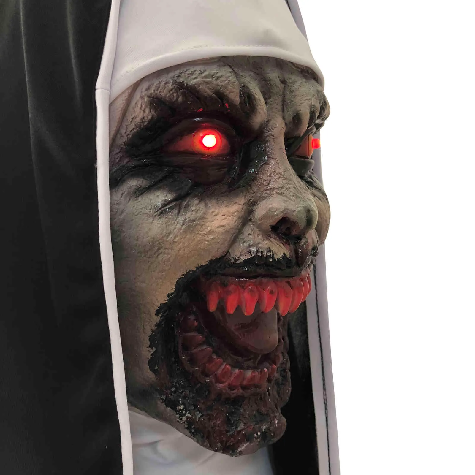 LED-skräck NUN Mask Cosplay Scary Valak Latex Masker med huvudduk LED Light Halloween Party Props Deluxe