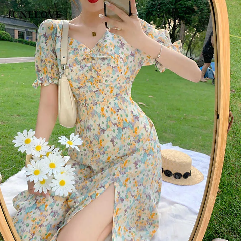 MIDI Dres A-Line Vintage Kısa Puf Kollu Yaz Kadın Nokta Baskı Bölünmüş Uzun Şifon Elbise Kare Yaka Boho Vestidos 210630