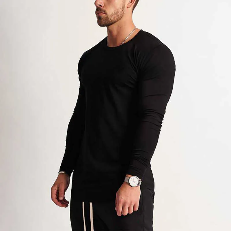 Mode à manches longues t-shirt hommes sport T-shirt hommes Fitness hommes solide o-cou gymnases musculation T-shirt homme 210629
