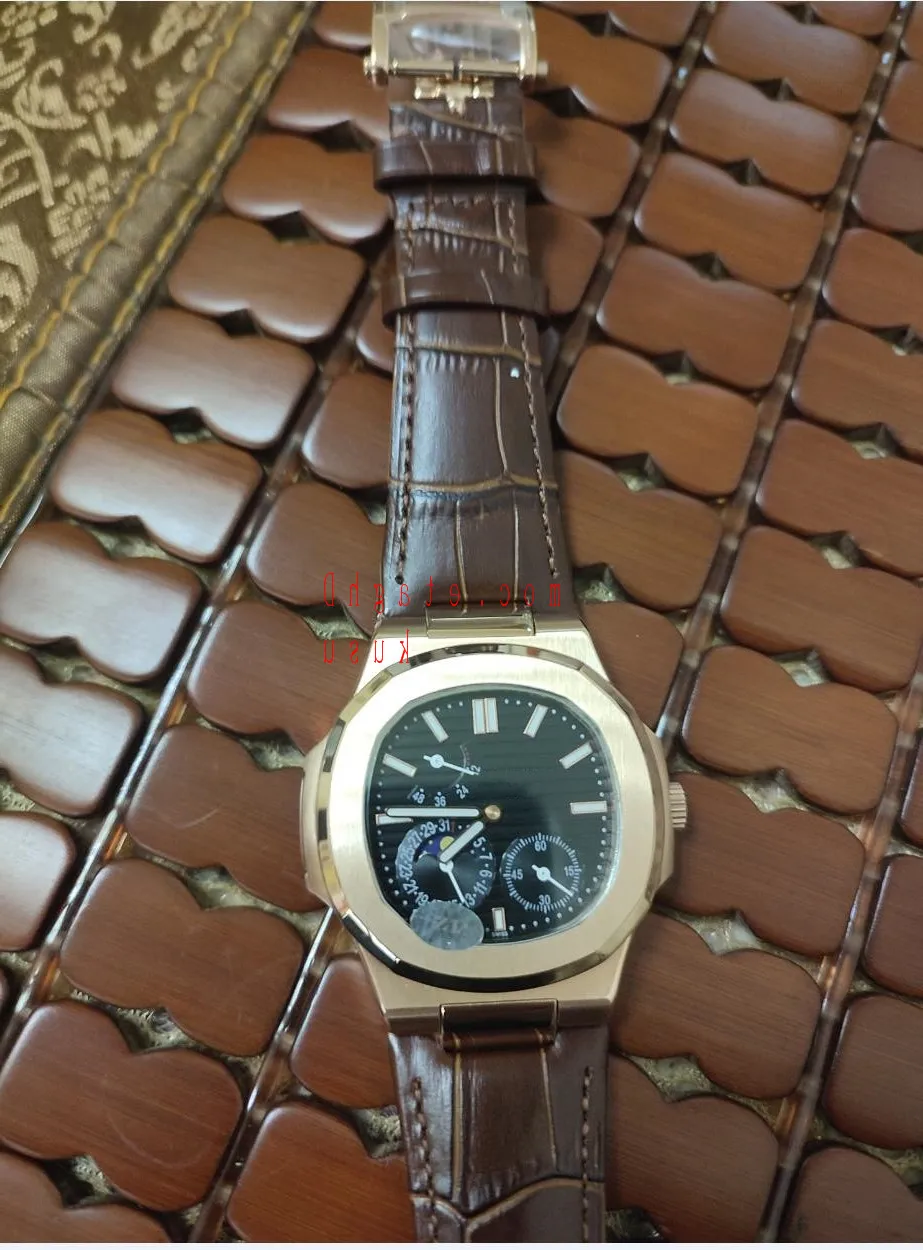 Klasyczne zegarki męskie 5712 001 40 mm mechaniczny automatyczny szafir stalowy ramka Czarna brązowa skórzana pasek luksusowy zegarek wodoodporny Rea254b