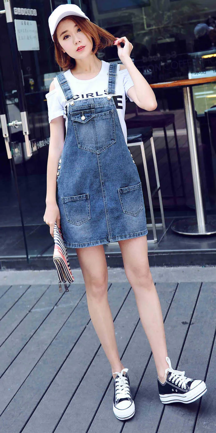 Женские джинсы подвеска платье лето мини свободно решить короткий повседневный многокращенный монтажный ремешок синий комбинезон 210604