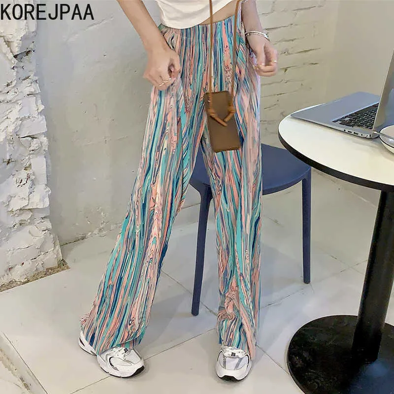 Korejpaa kobiety spodnie koreańskie lato moda krawat barwnik drukowanie szerokie spodnie nóg wysokiej talii proste rury luźne dorywczo długie spodnie 210526