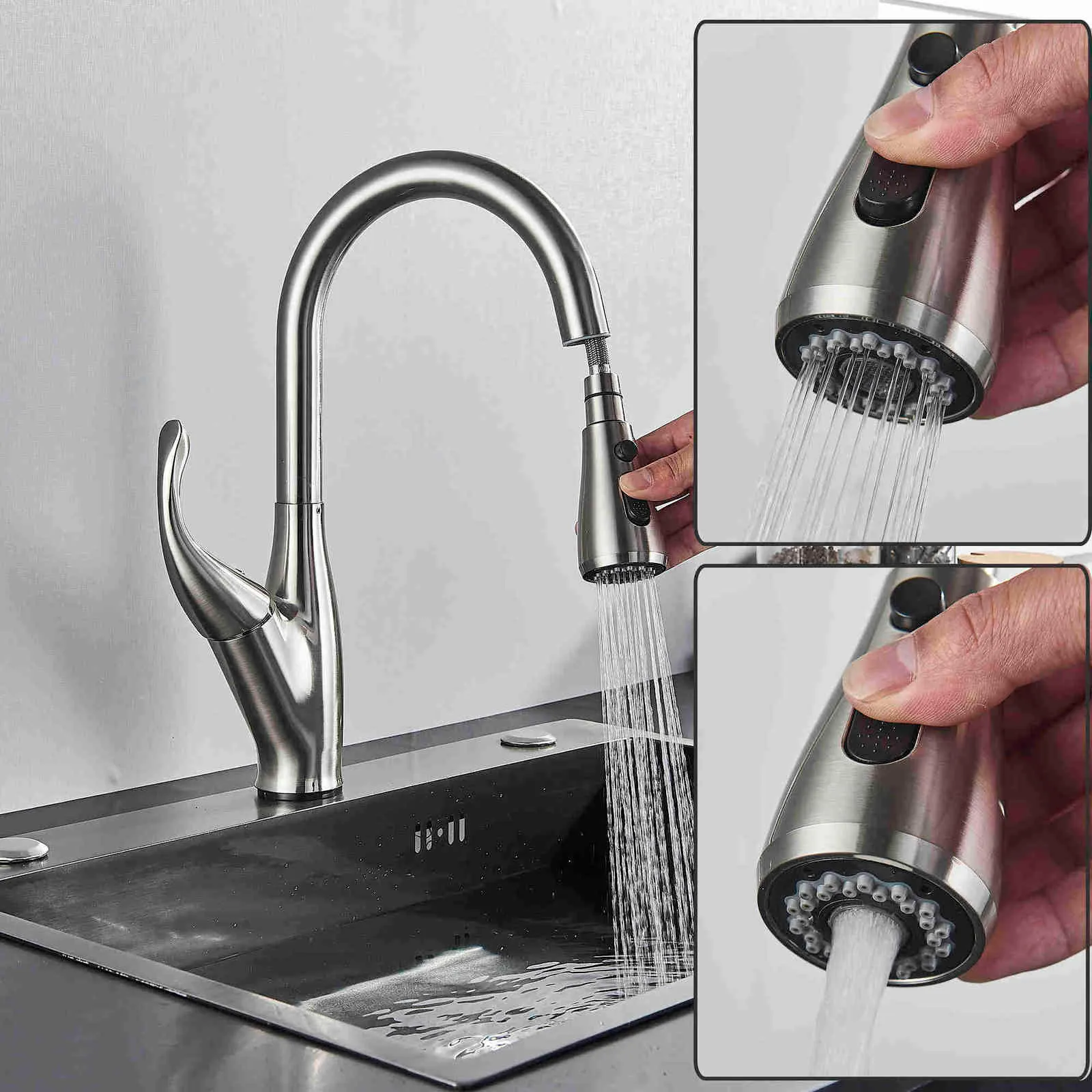 Faucet de cozinha preto / cromado puxar para fora 360 Faucet de rotação Torneira Dupla Outlet modos de água bico misturador frio Tap 211108