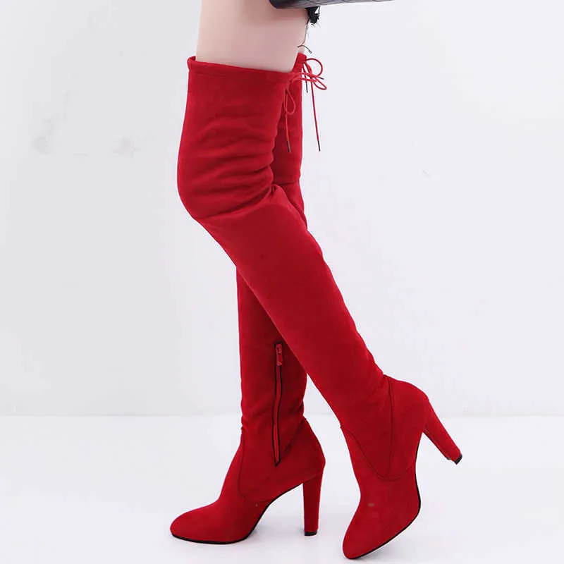 2020 NOUVEAU Sexy Parti Bottes De Mode En Daim En Cuir Chaussures Femmes Sur Le Genou Talons Bottes Stretch Flock Hiver Haute Botas LH100034 Y0905