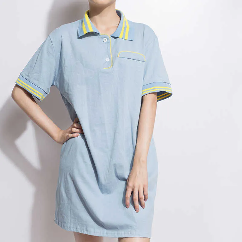 PERHAPS U Blue White Green Khaki Turn Down Collar Button Short Sleeve Preppy Style Straight Mini Dress Summer Loose D0907 210529