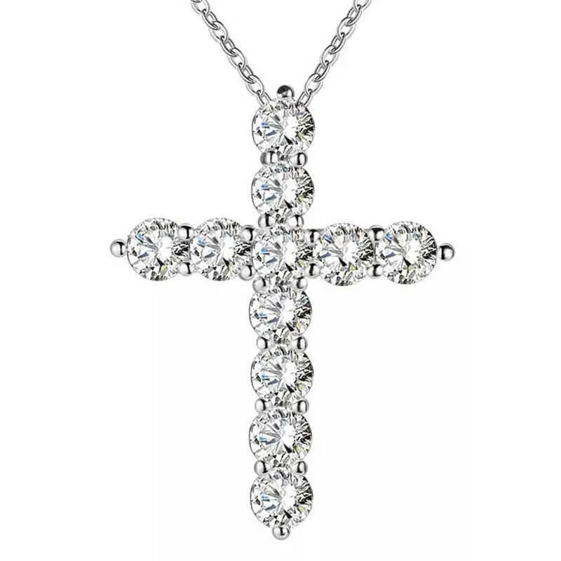 Märke lyxiga smycken 925 Sterling Silver Full Round Cut Topaz Cz Diamond Cross Pange Party Populära halsband för kvinnor CLAVICLE 264B