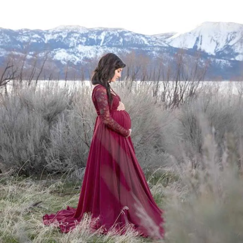 Manica lunga scollo a V maternità pizzo abito in cotone donne incinte fotografia gravidanza facile maxi abito servizio fotografico puntelli abbigliamento Q0713