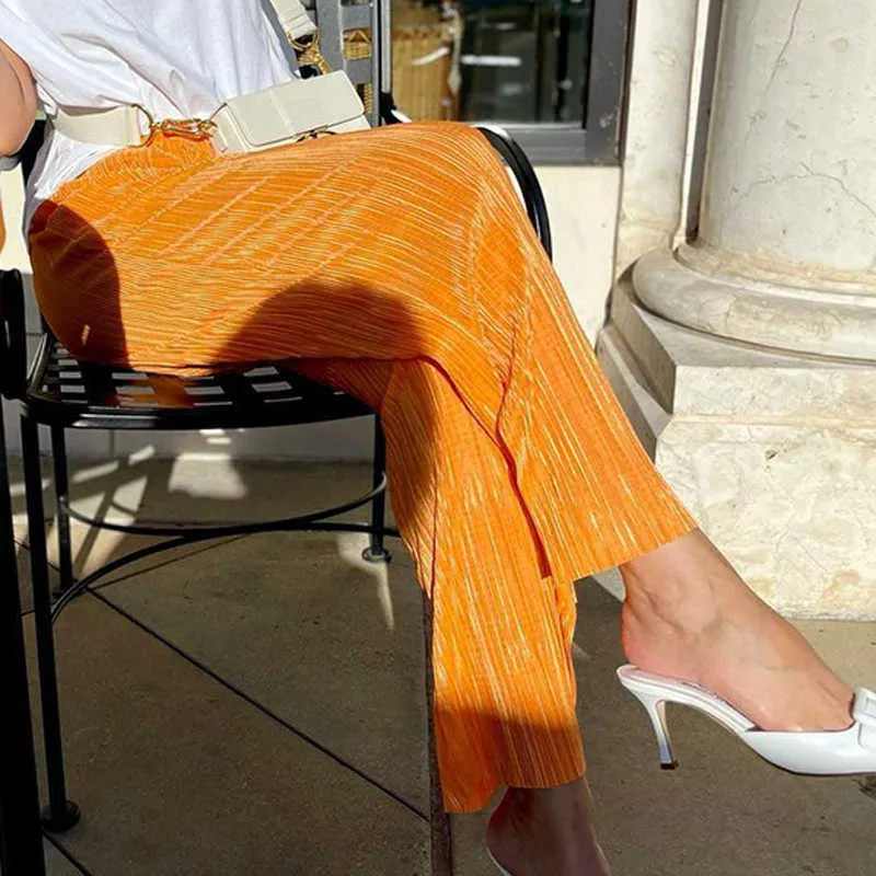 Streetwear pantaloni a pieghe arancioni spaccati pantaloni donna casual elastici a vita alta pantaloni dritti donna autunno Mujer Pantalones Q0801