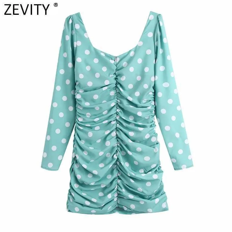Zevity Women Sexy V Neck Polka Dots Print Pleated Green Mini Dress Kvinna Chic Back Zipper Slim Party Vestido DS5049 210603