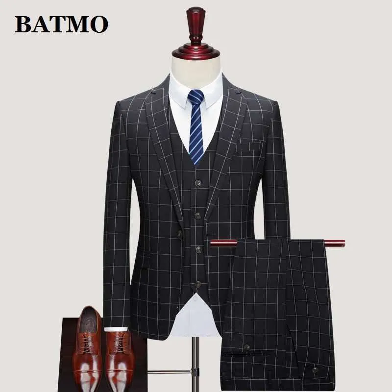 BATMO 2021 nuovo arrivo primavera plaid abiti casual da uomo, abito da sposa da uomo, giacche + pantaloni + gilet, SJT819 X0909