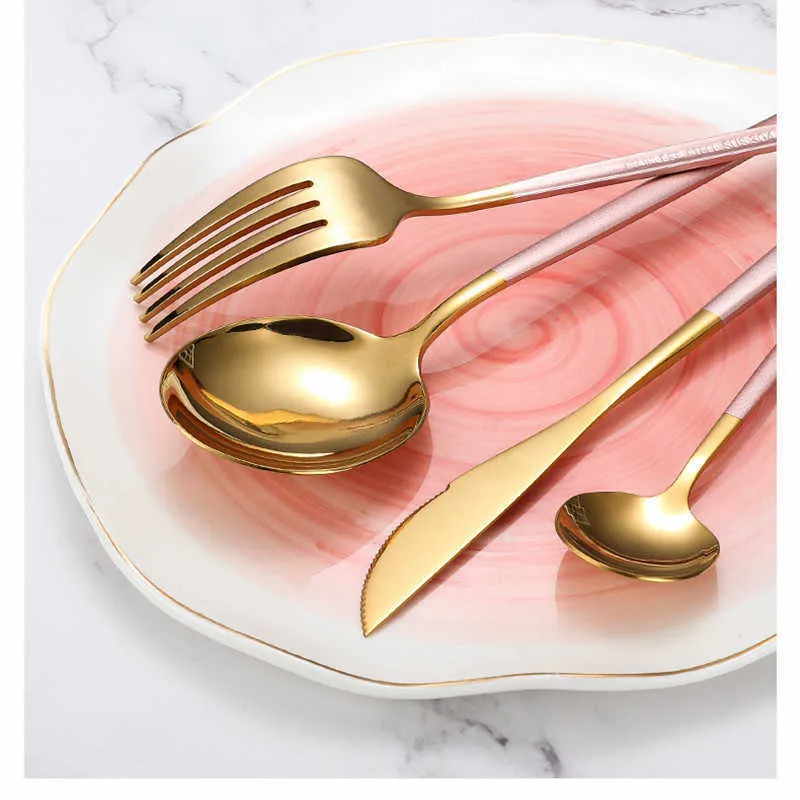 Pink Cutlery Set Stainless Steel Tableware Kitchen Dinnerware Silver Dinner Utensils Reusable Home Flatware 210928